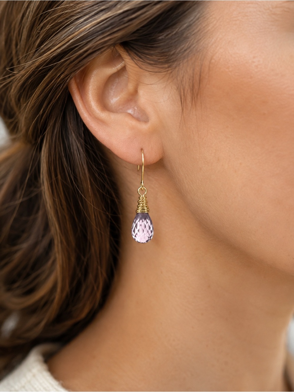 Pink Amethyst Faceted Briolette Gold Filled Hook Drop Earrings